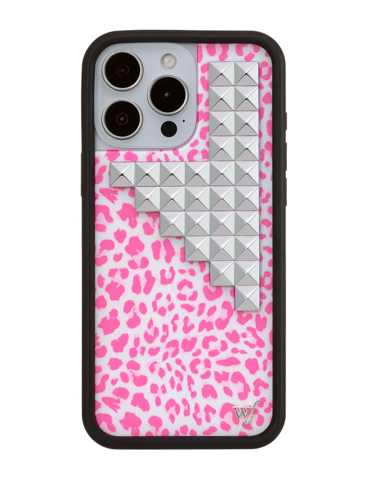 Pink Meow Stud iPhone Case with Leopard Print and Silver Details