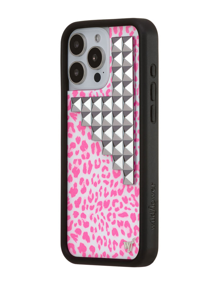 Pink Meow Stud iPhone Case with Leopard Print and Silver Details