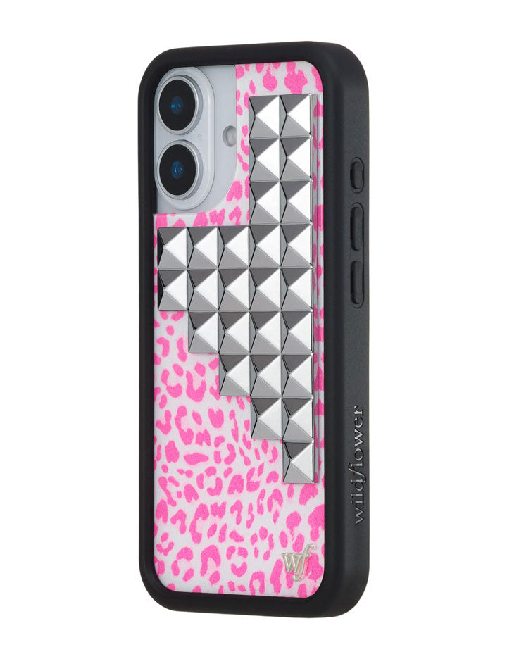 Pink Meow Stud iPhone Case with Leopard Print and Silver Details