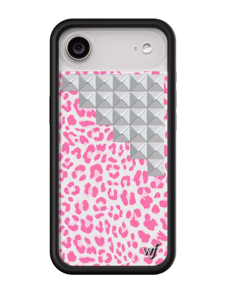Pink Meow Stud iPhone Case with Leopard Print and Silver Details