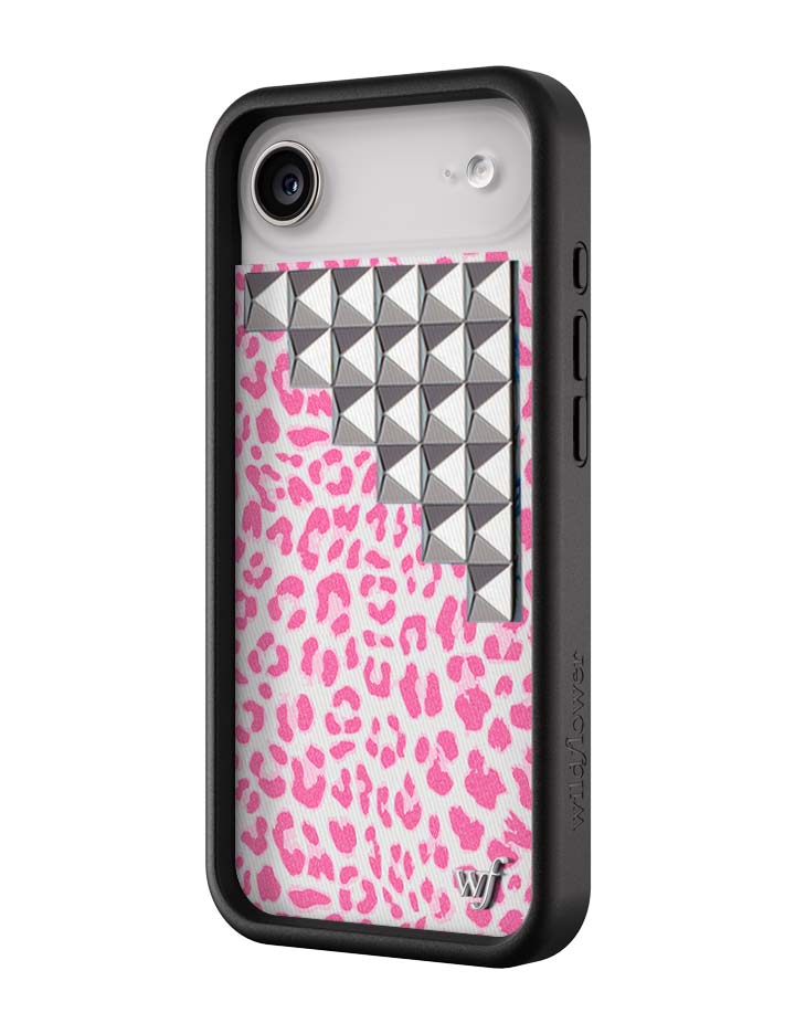 Pink Meow Stud iPhone Case with Leopard Print and Silver Details