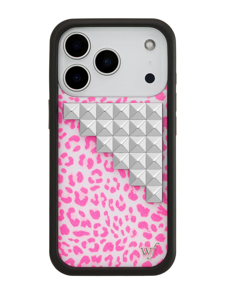 Pink Meow Stud iPhone Case with Leopard Print and Silver Details