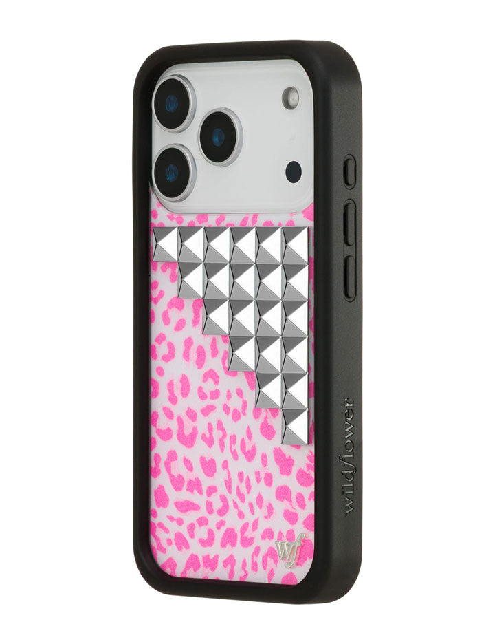 Pink Meow Stud iPhone Case with Leopard Print and Silver Details