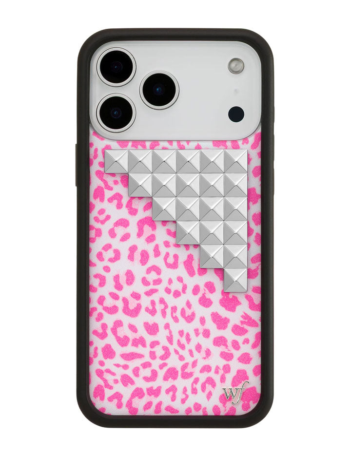 Pink Meow Stud iPhone Case with Leopard Print and Silver Details