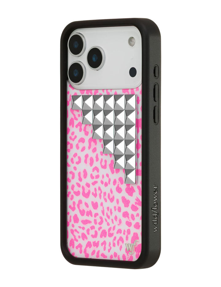 Pink Meow Stud iPhone Case with Leopard Print and Silver Details