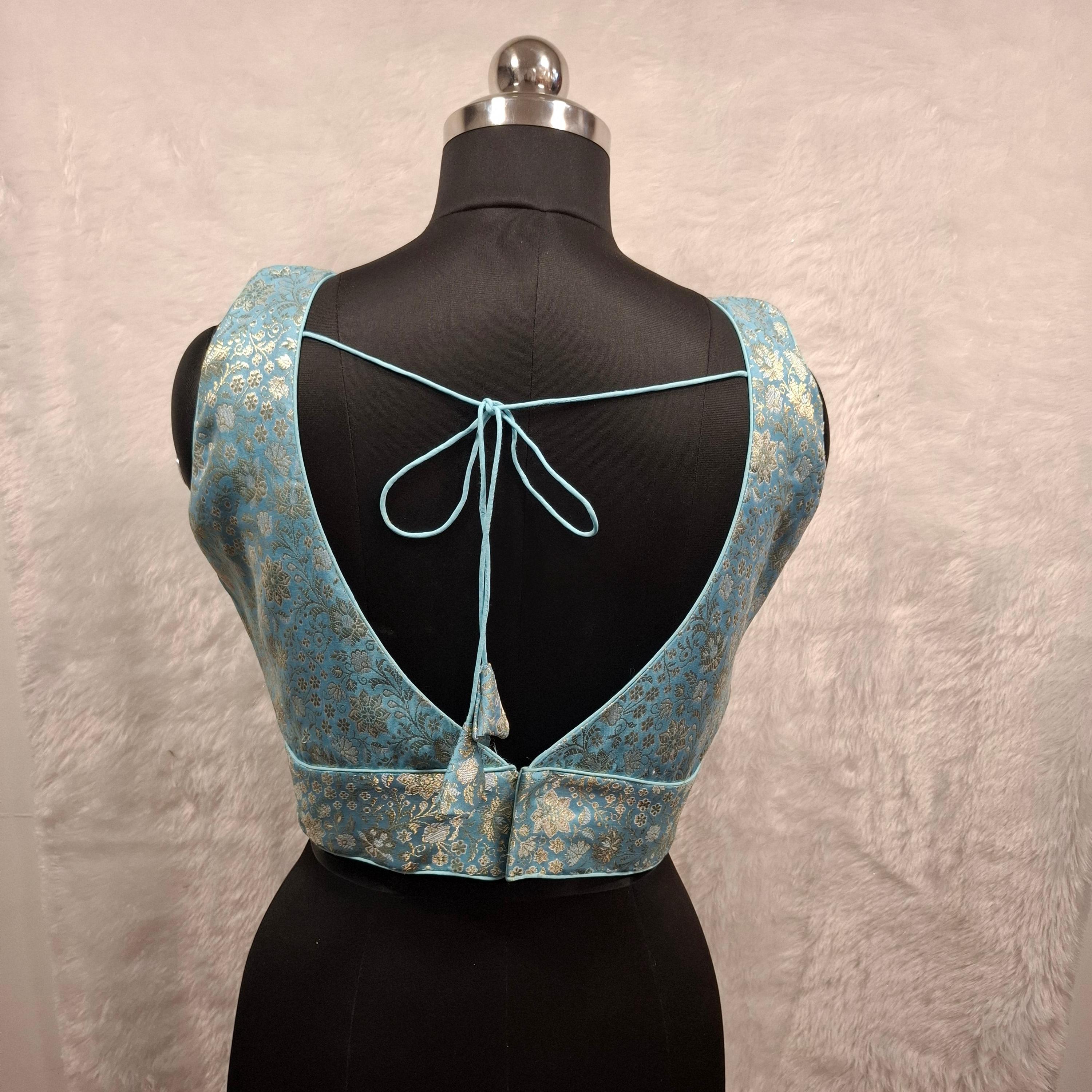 Blue Banarasi Brocade Readymade Blouse with Gold & Silver Weave