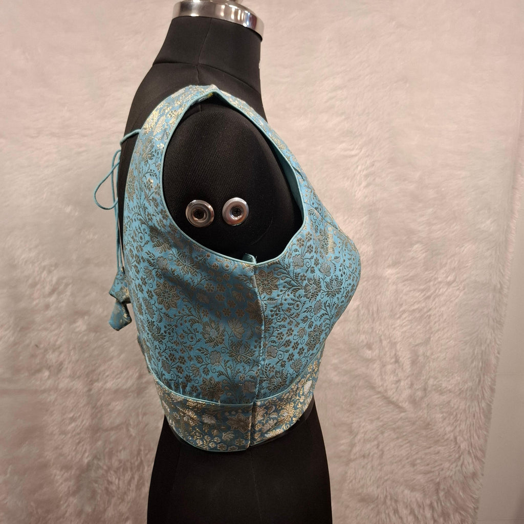 Blue Banarasi Brocade Readymade Blouse with Gold & Silver Weave