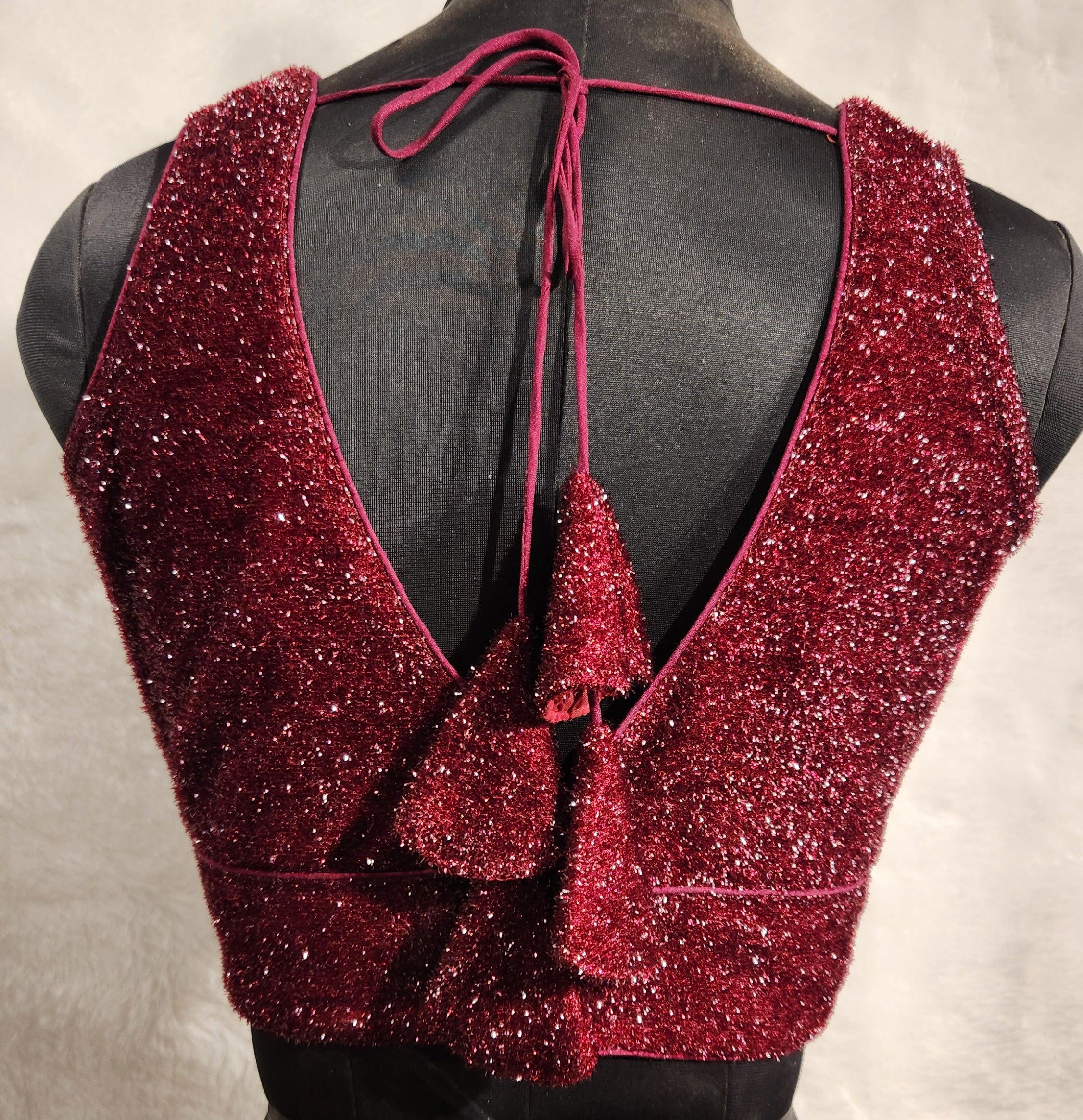 Maroon Terry Shine Fabric V-Neck Readymade Blouse