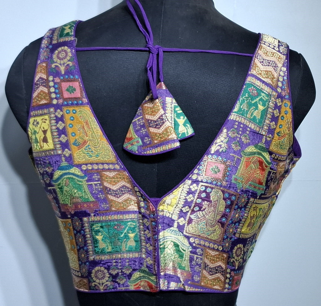 Purple Jacquard Weave Readymade Blouse with V-Neck