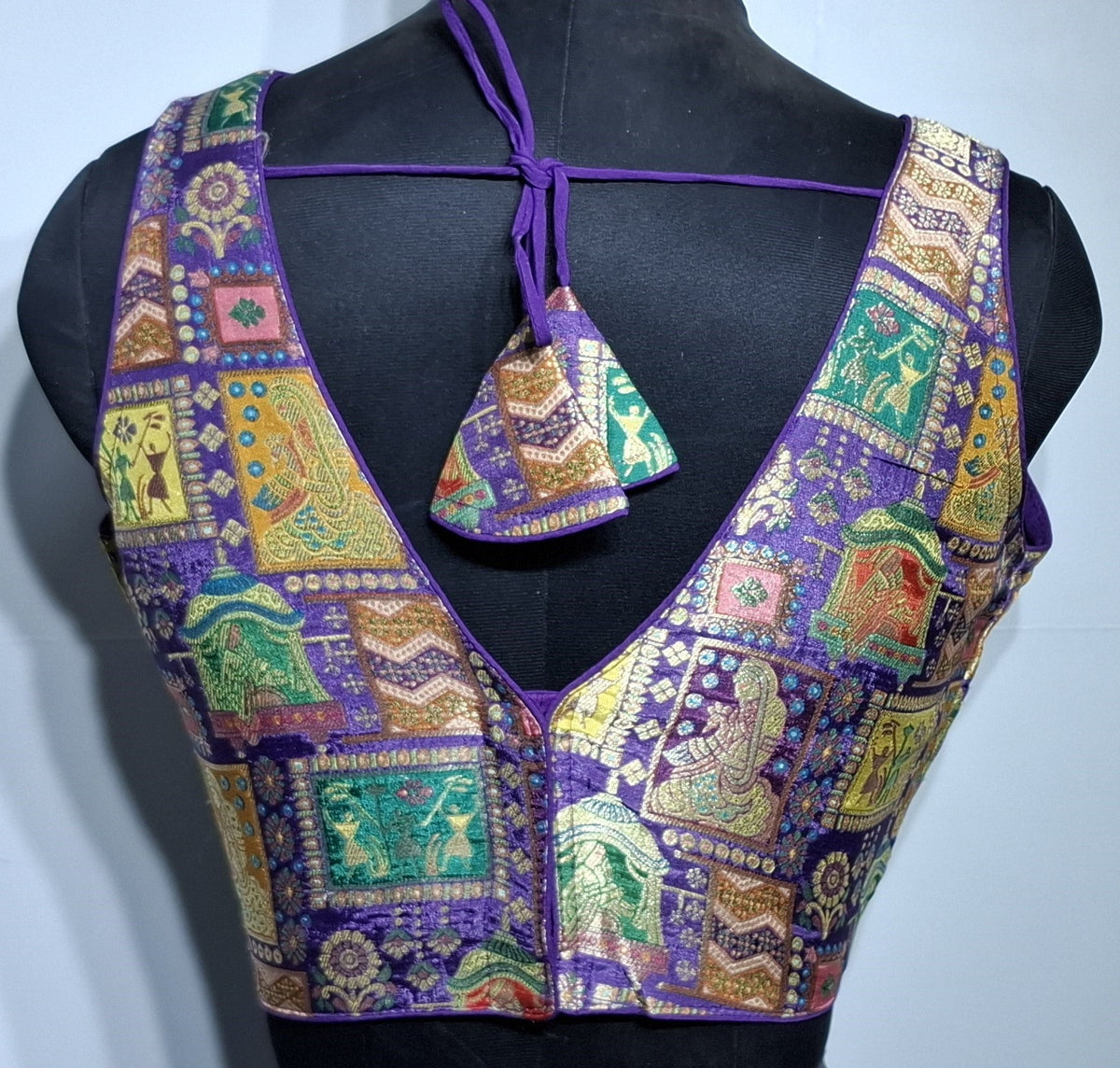 Purple Jacquard Weave Readymade Blouse with V-Neck
