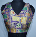 Purple Jacquard weave blouse with multi-color figure motifs and V-neck