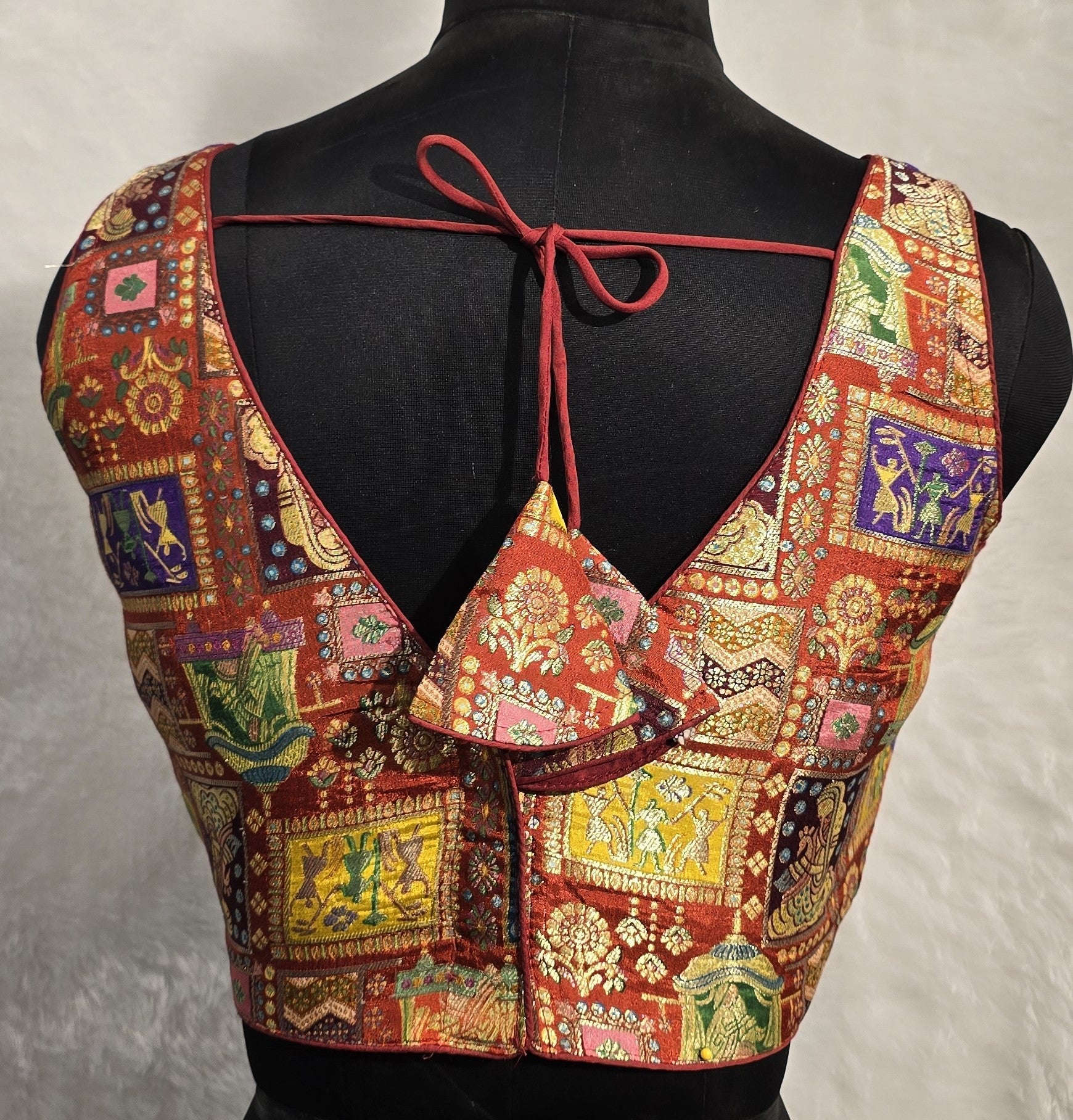 Rust Jacquard Weave Readymade Blouse with Multi-Color Detail
