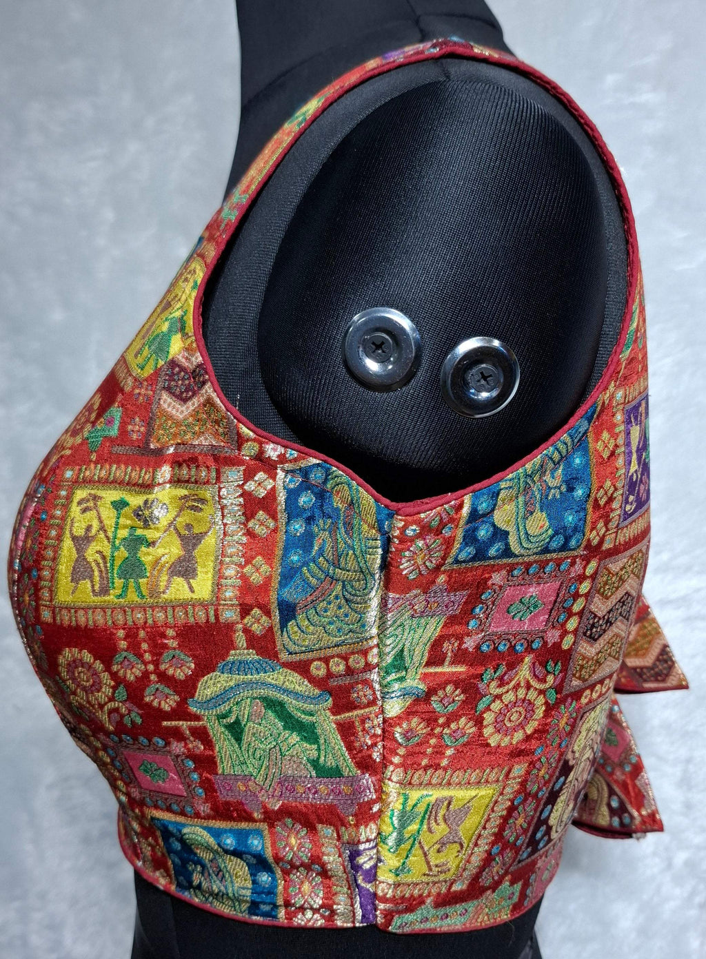 Rust Jacquard Weave Readymade Blouse with Multi-Color Detail