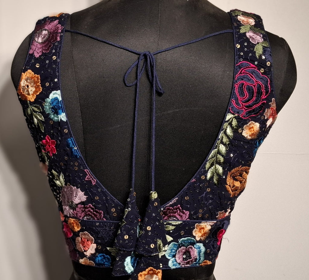 Navy Blue Multi Color Embroidered Readymade V-Neck Blouse