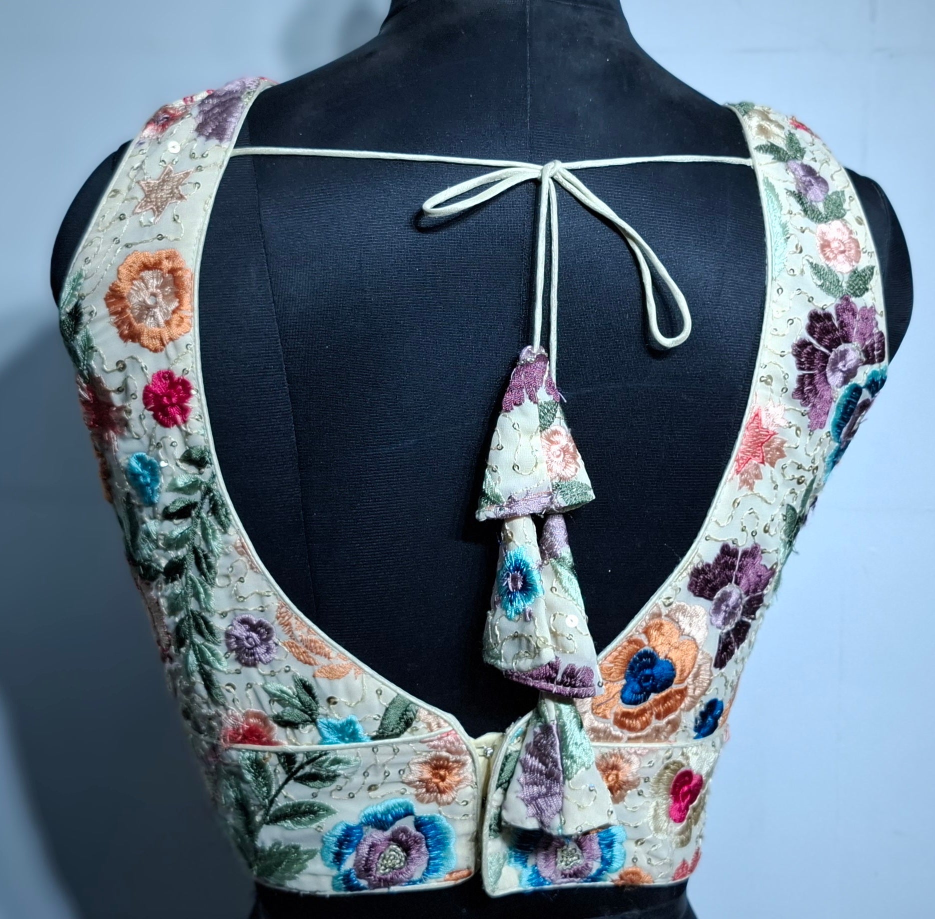 Off-White Multi Color Embroidered Readymade Blouse with V-Neck