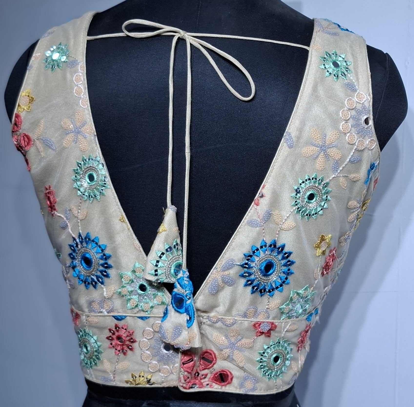 Khaki Mirror Work Readymade Blouse with Sequins and V-Neck