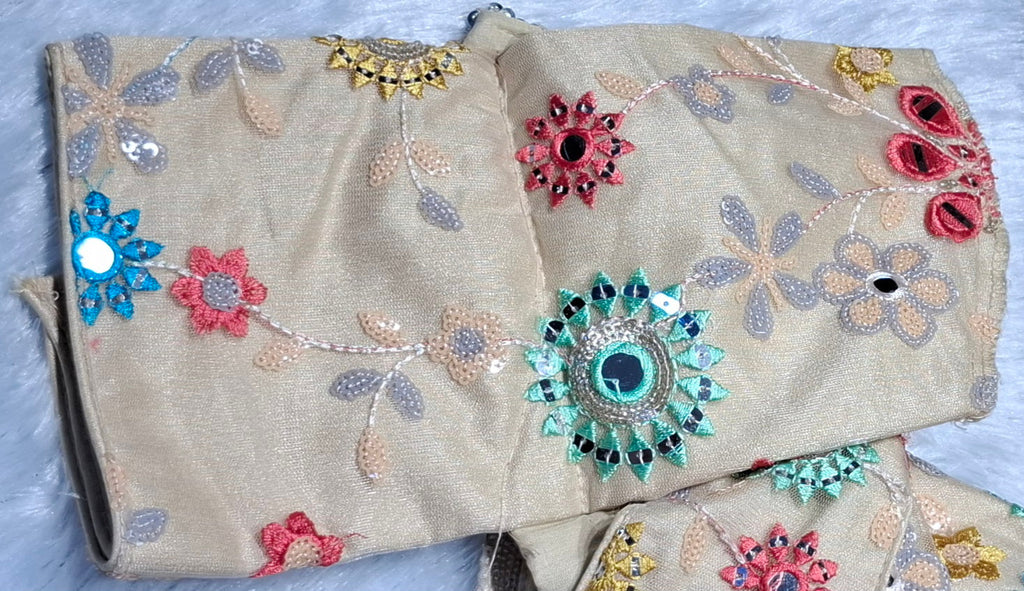 Khaki Mirror Work Readymade Blouse with Sequins and V-Neck