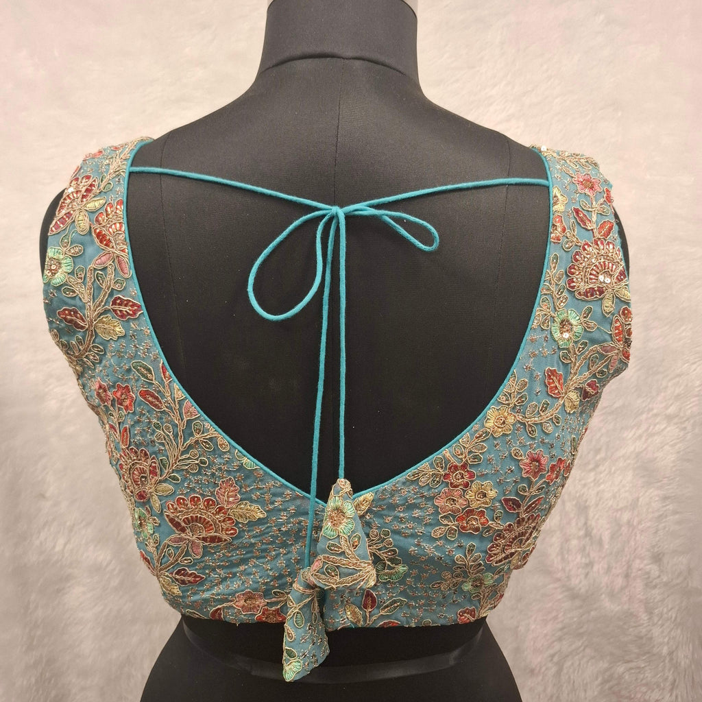 Aqua Blue Georgette Designer Blouse with Multi-Color Embroidery
