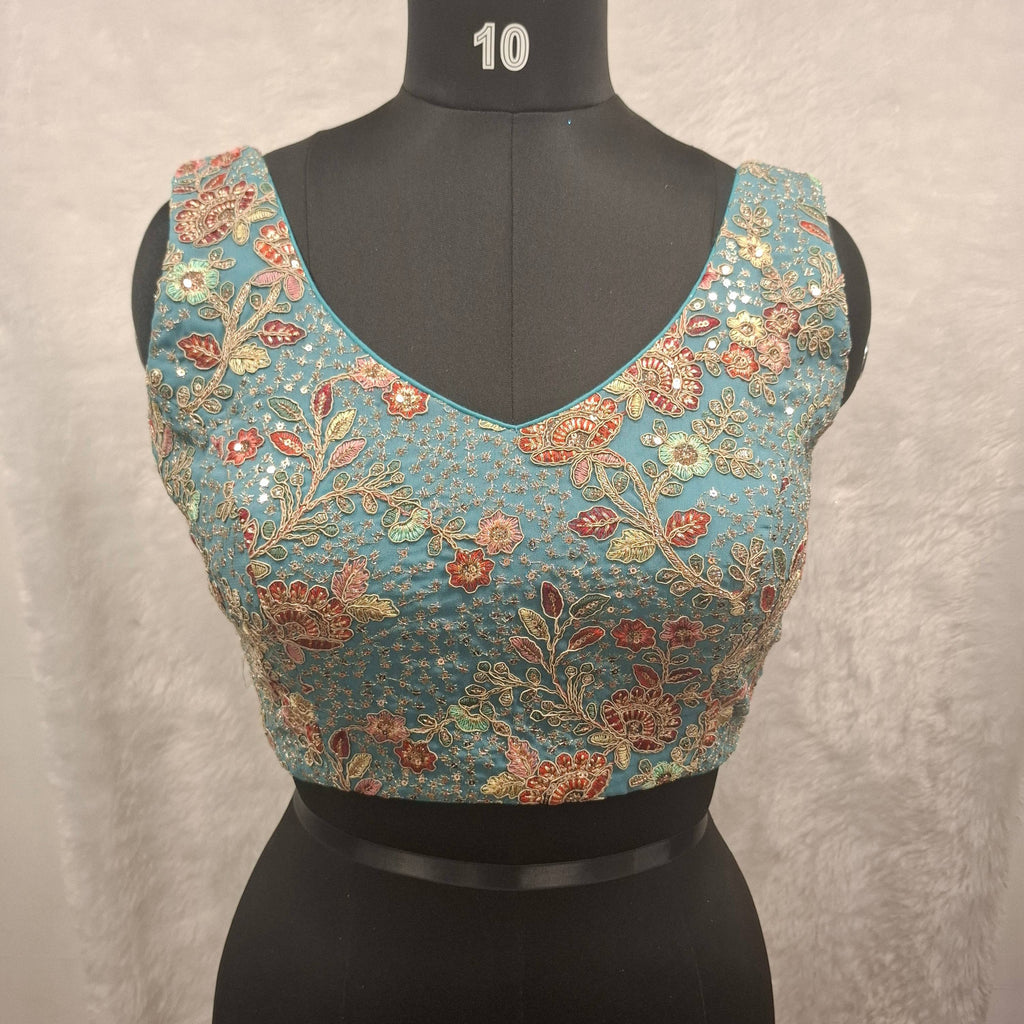 Aqua Blue Georgette readymade blouse with multi-color embroidery and sequins