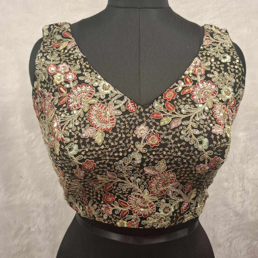 Black Georgette princess cut blouse with multicolor embroidery and sequins
