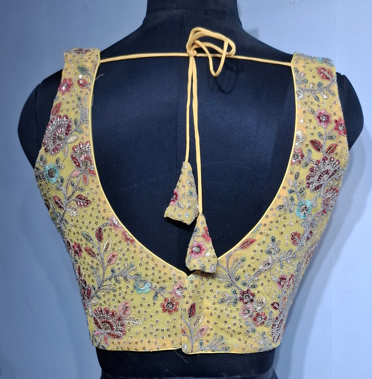 Eggyolk Yellow Georgette Blouse with Multi Color Embroidery and Sequins
