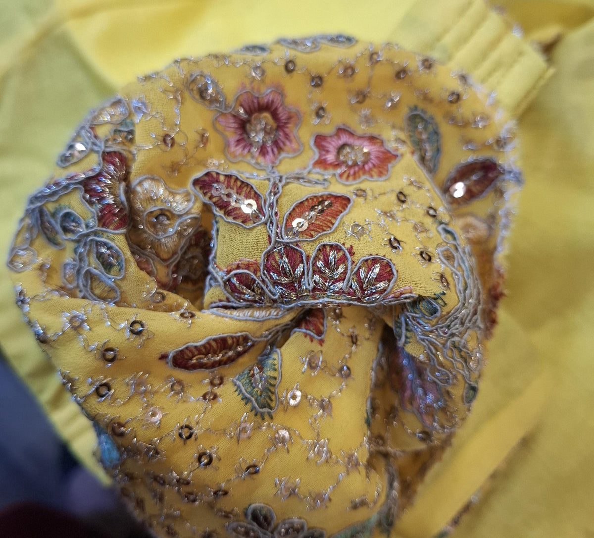 Eggyolk Yellow Georgette Blouse with Multi Color Embroidery and Sequins
