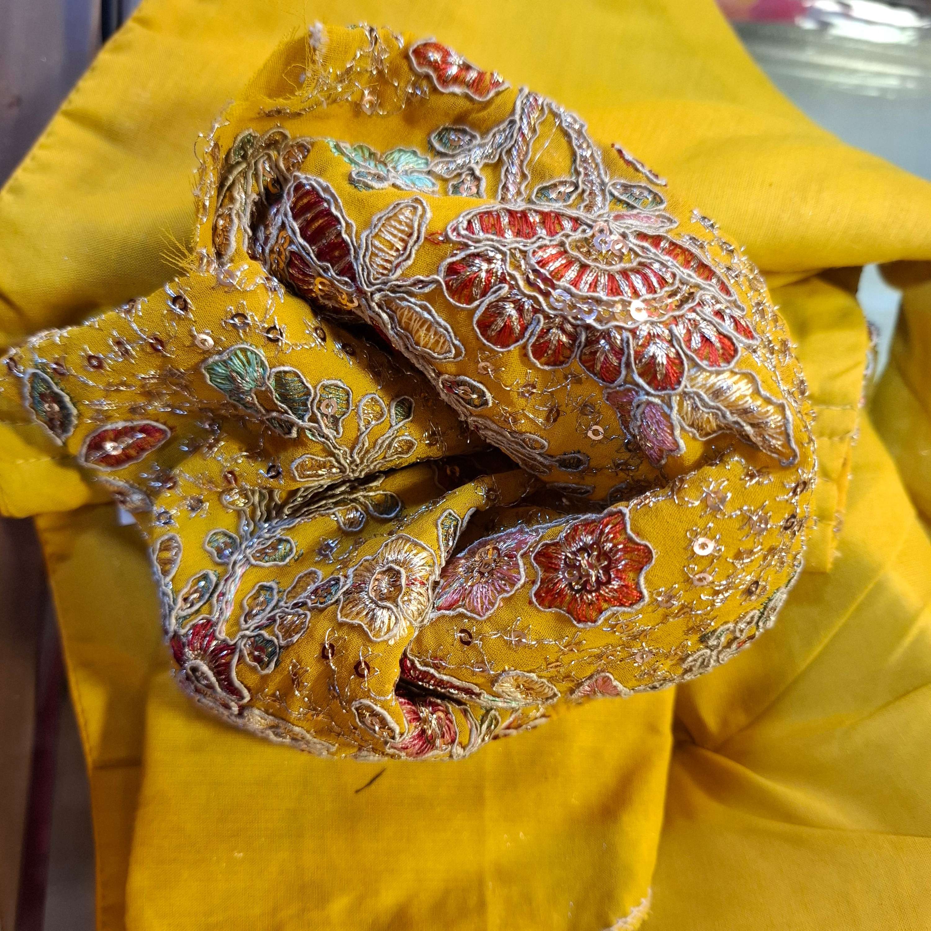Mustard Yellow Georgette Blouse with Multi-Color Embroidery