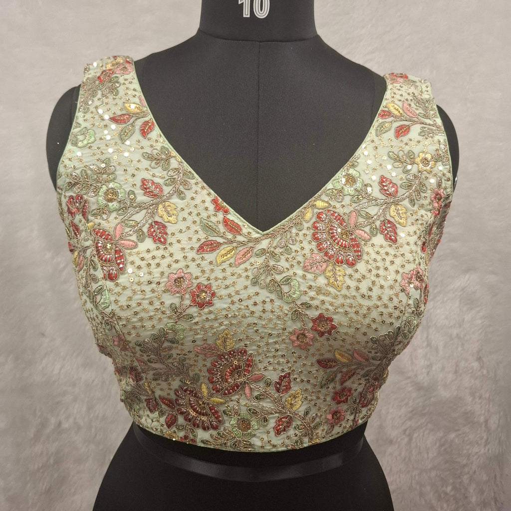 Pistachio Green Georgette readymade blouse with multicolor embroidery and sequins