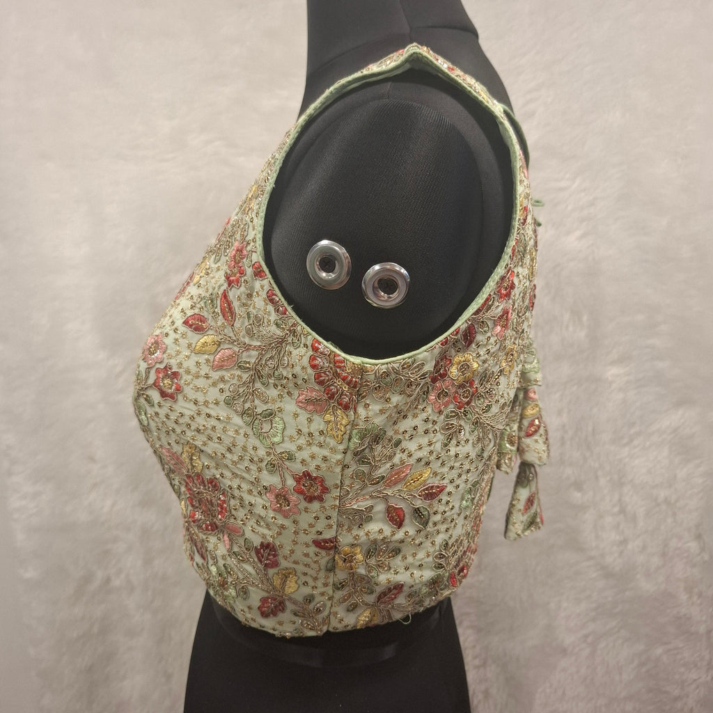 Pistachio Green Georgette Embroidered Readymade Blouse with Sleeves