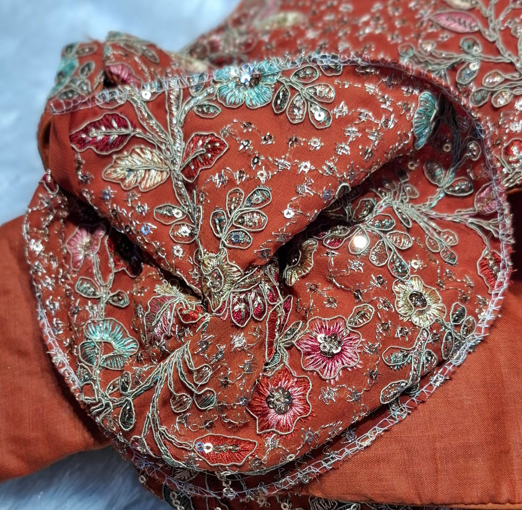 Rust Georgette Multi Color Embroidered Readymade Blouse