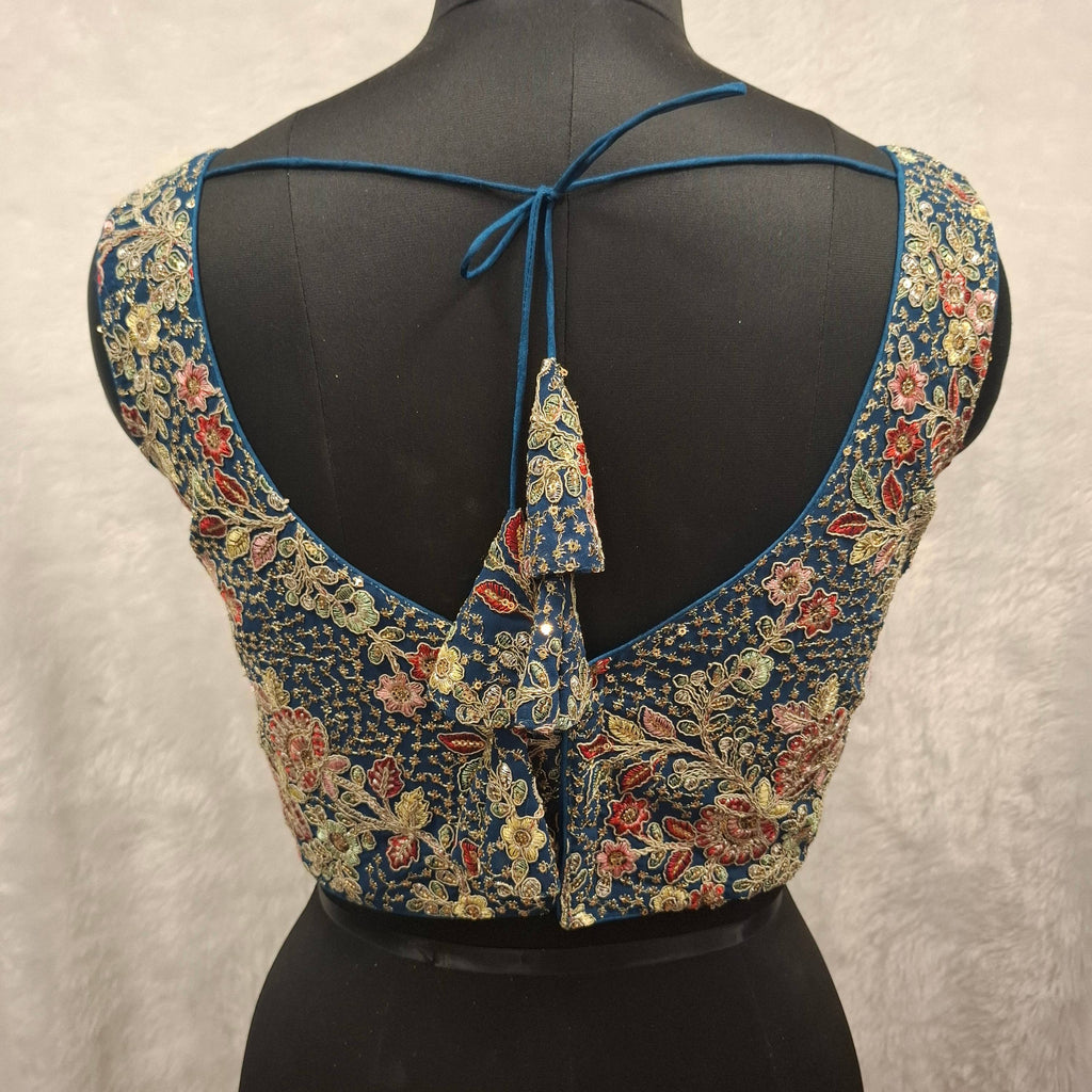Teal Blue Georgette Princess Cut Blouse with Multicolor Embroidery