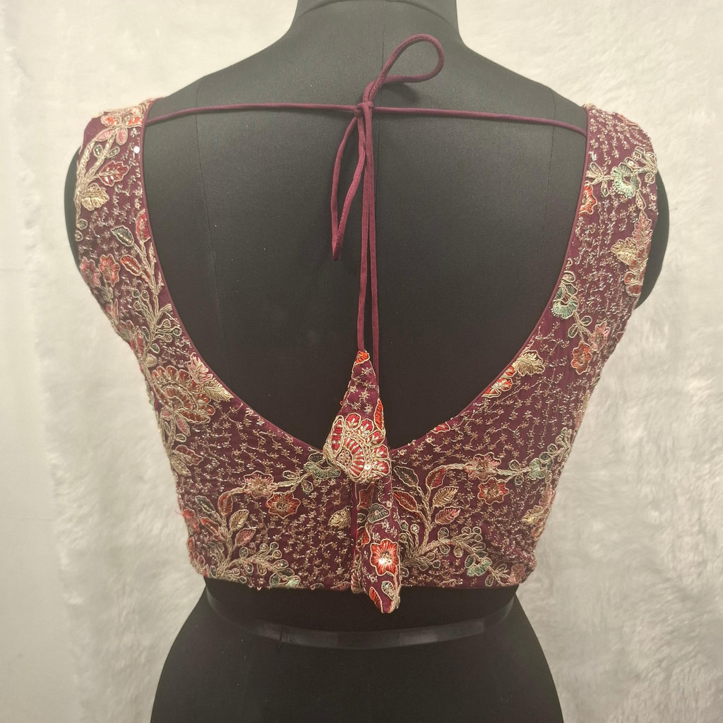 Wine Georgette Readymade Blouse with Multi Color Embroidery