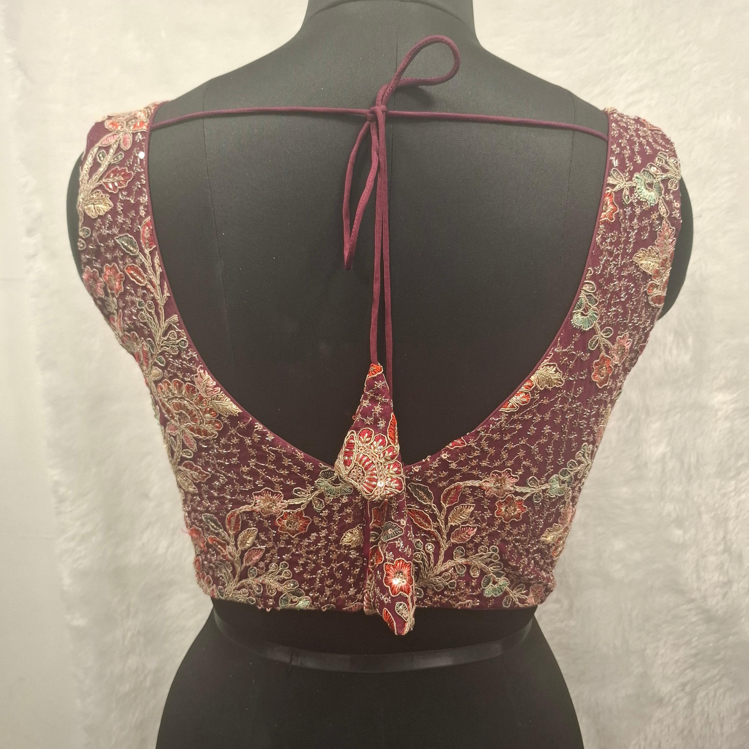 Wine Georgette Readymade Blouse with Multi Color Embroidery