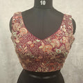 Elegant wine georgette readymade blouse with multicolor embroidery and sequin detail, back open style.