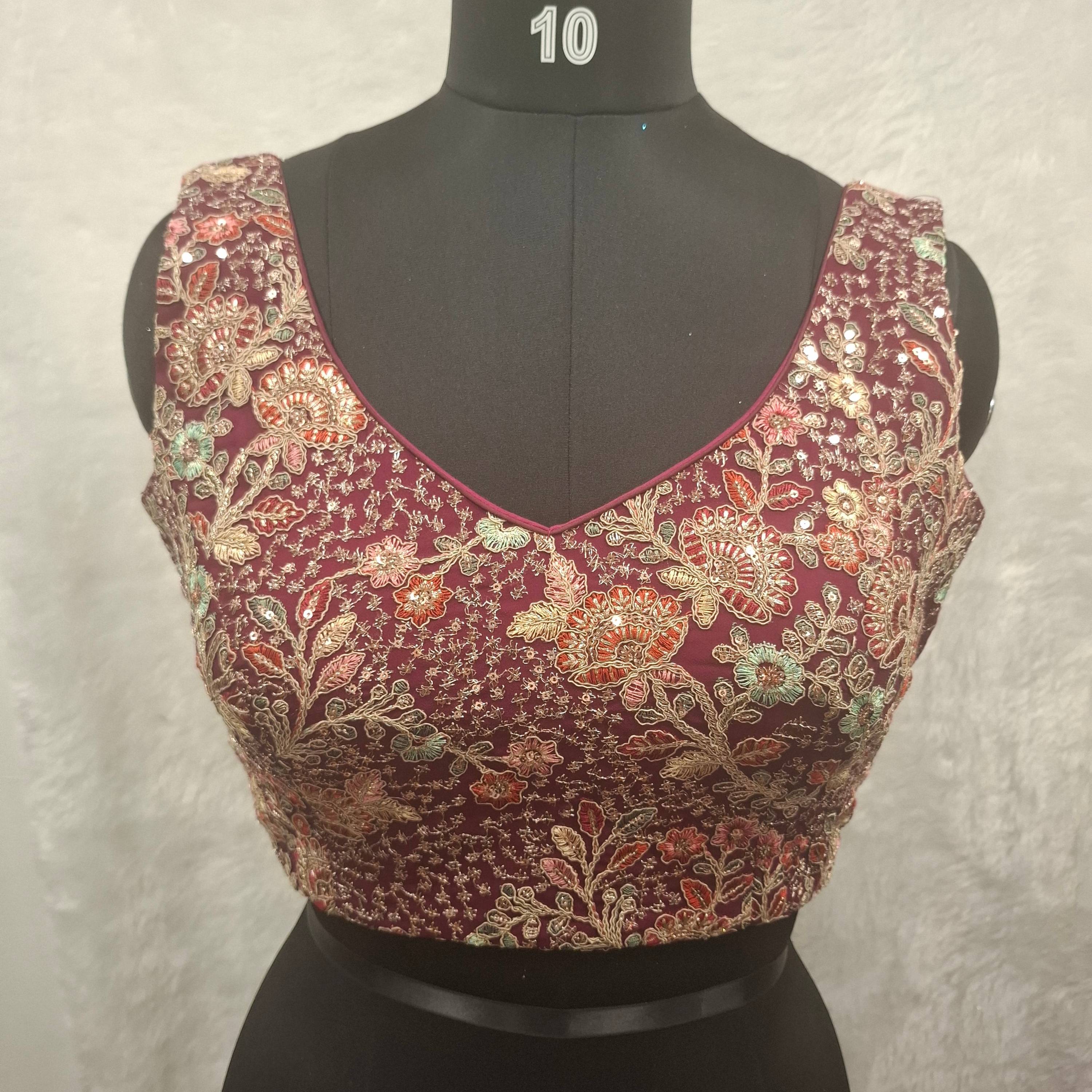 Elegant wine georgette readymade blouse with multicolor embroidery and sequin detail, back open style.