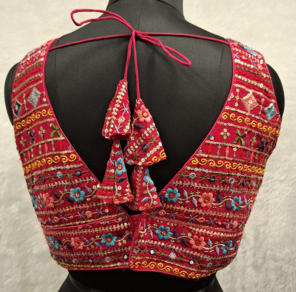 Hot Pink Multi Color Embroidered Readymade Blouse with Mirror Work