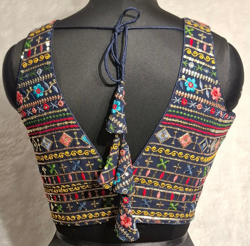 Navy Blue Multi Color Embroidered Sequins Mirror Work Blouse
