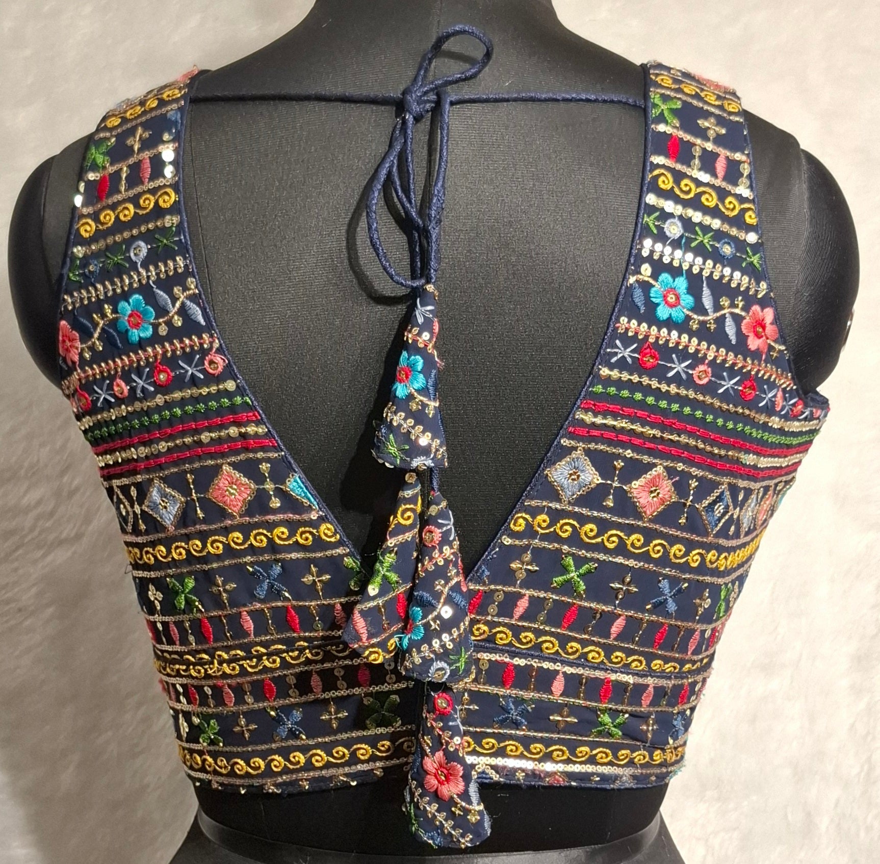 Navy Blue Multi Color Embroidered Sequins Mirror Work Blouse