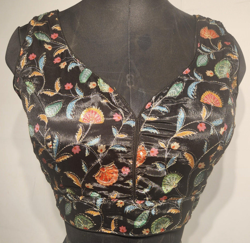 Black readymade blouse with multicolor sequins and zari embroidery