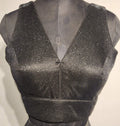 Black shimmer fabric blouse with gold glitter and V-neckline