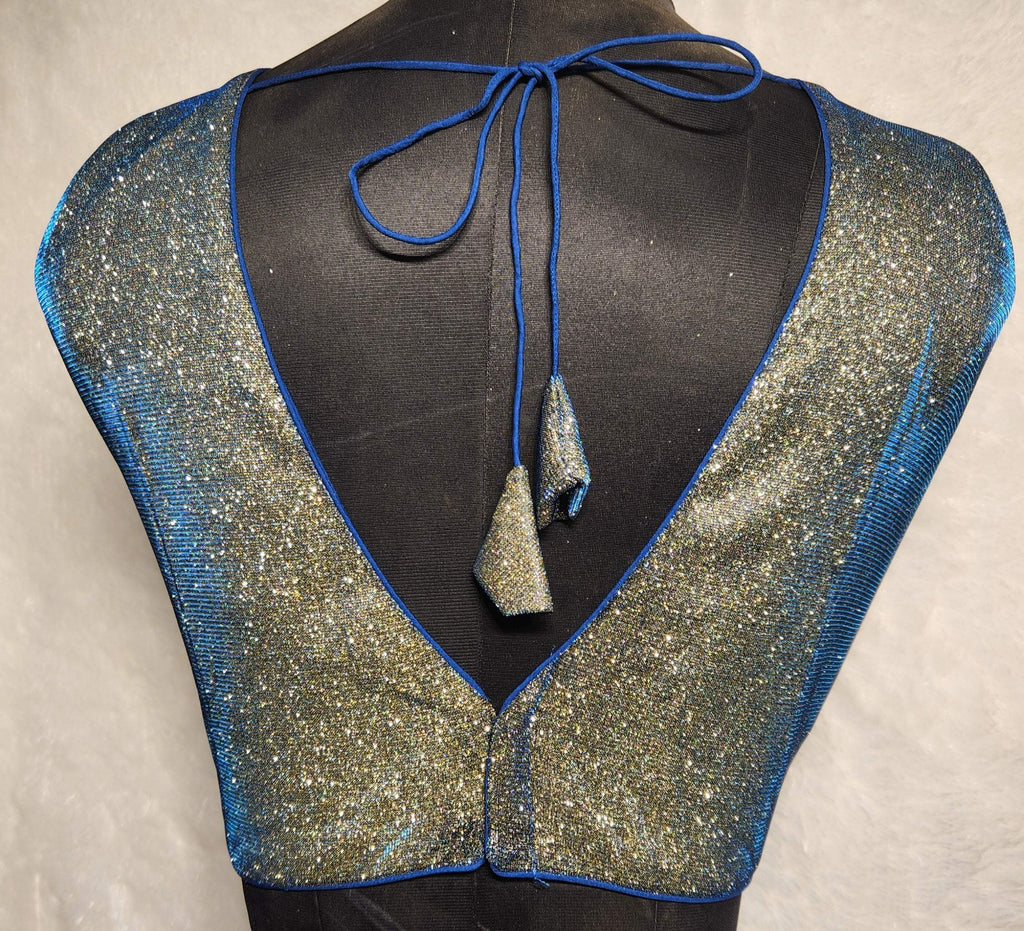 Blue and Gold Dual Tone Glitter V-Neck Readymade Saree Blouse