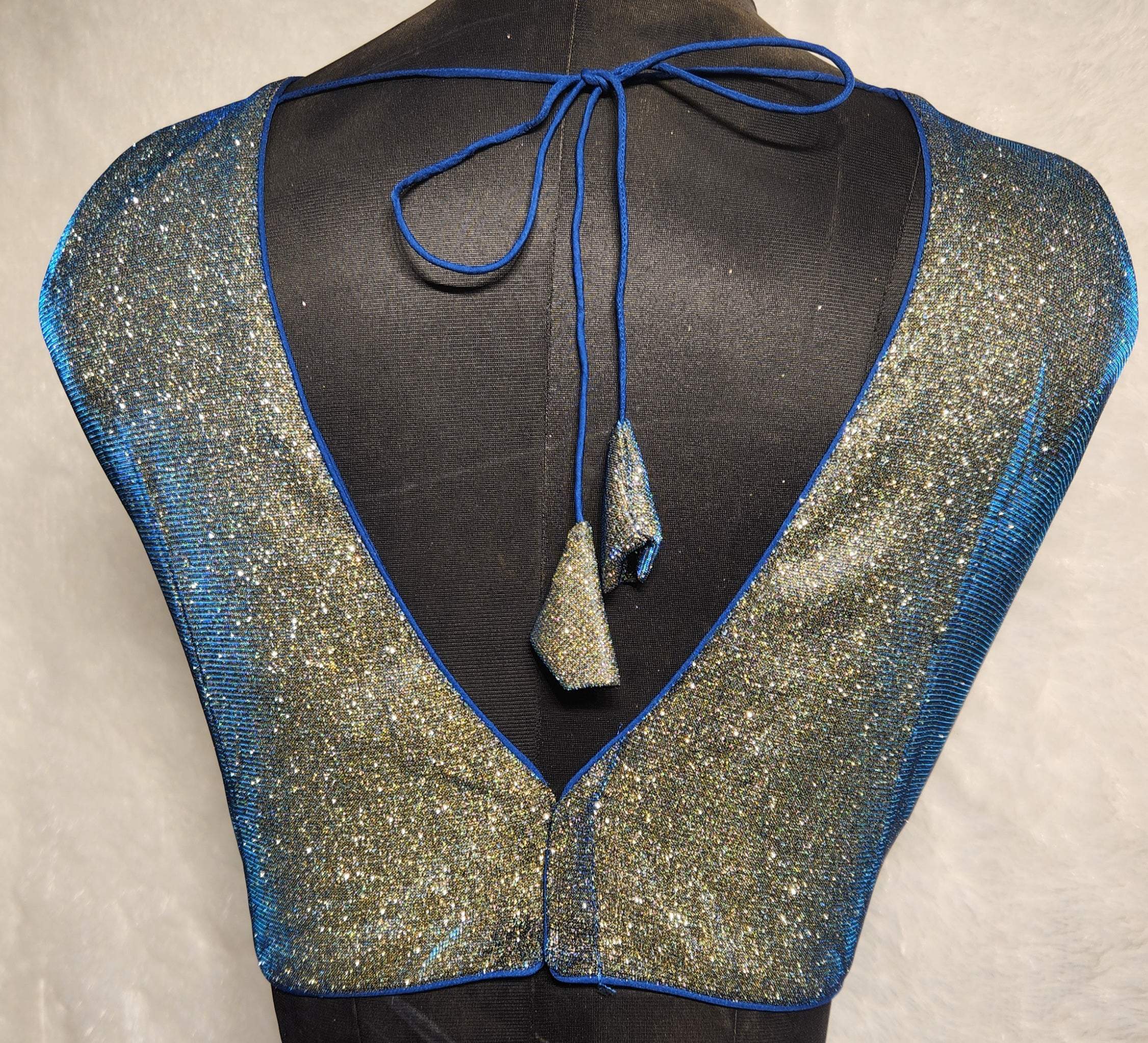 Blue and Gold Dual Tone Glitter V-Neck Readymade Saree Blouse