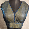 Blue and Gold Dual Tone Glitter V-Neck Readymade Saree Blouse