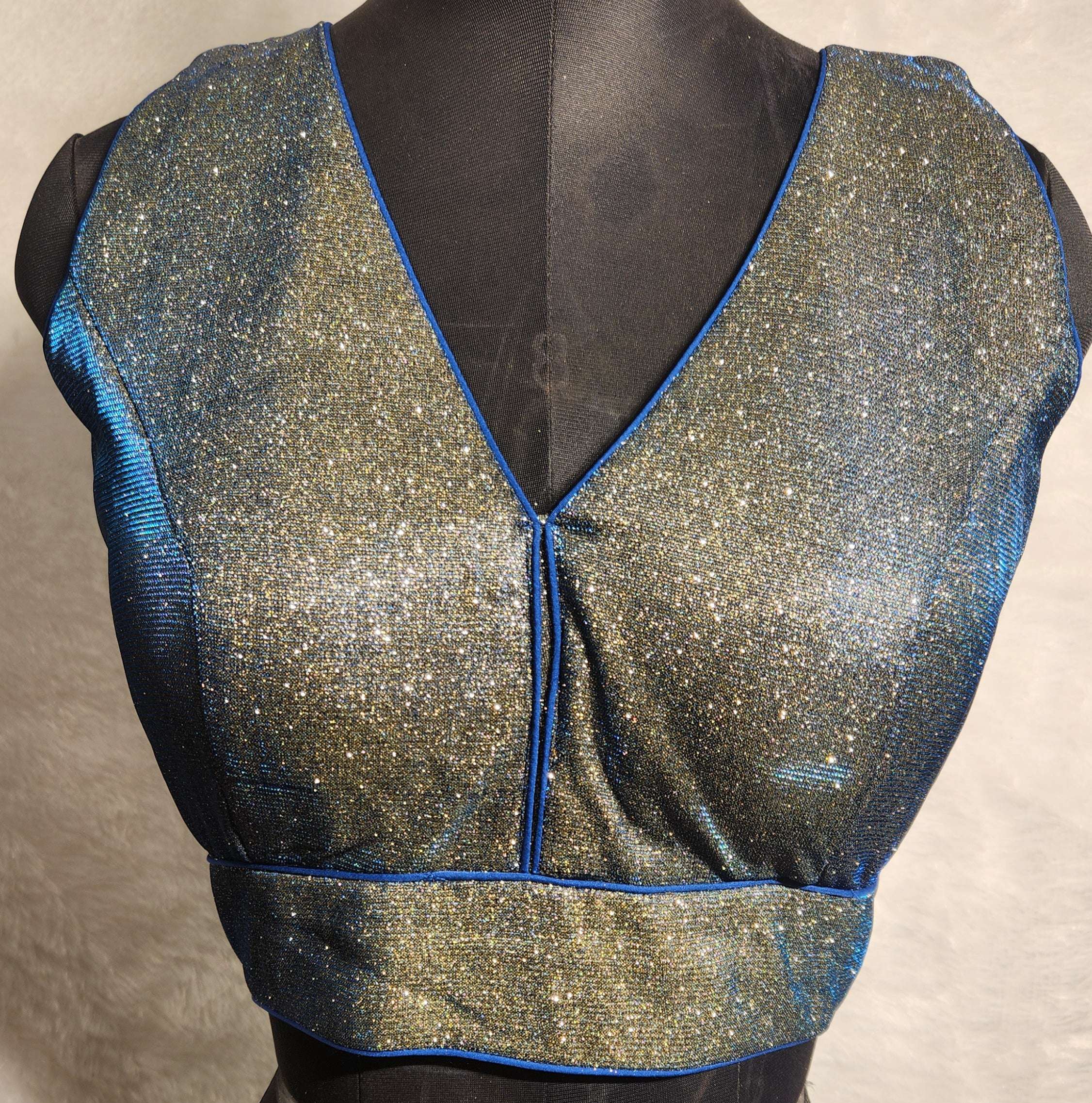 Blue and Gold Dual Tone Glitter V-Neck Readymade Saree Blouse