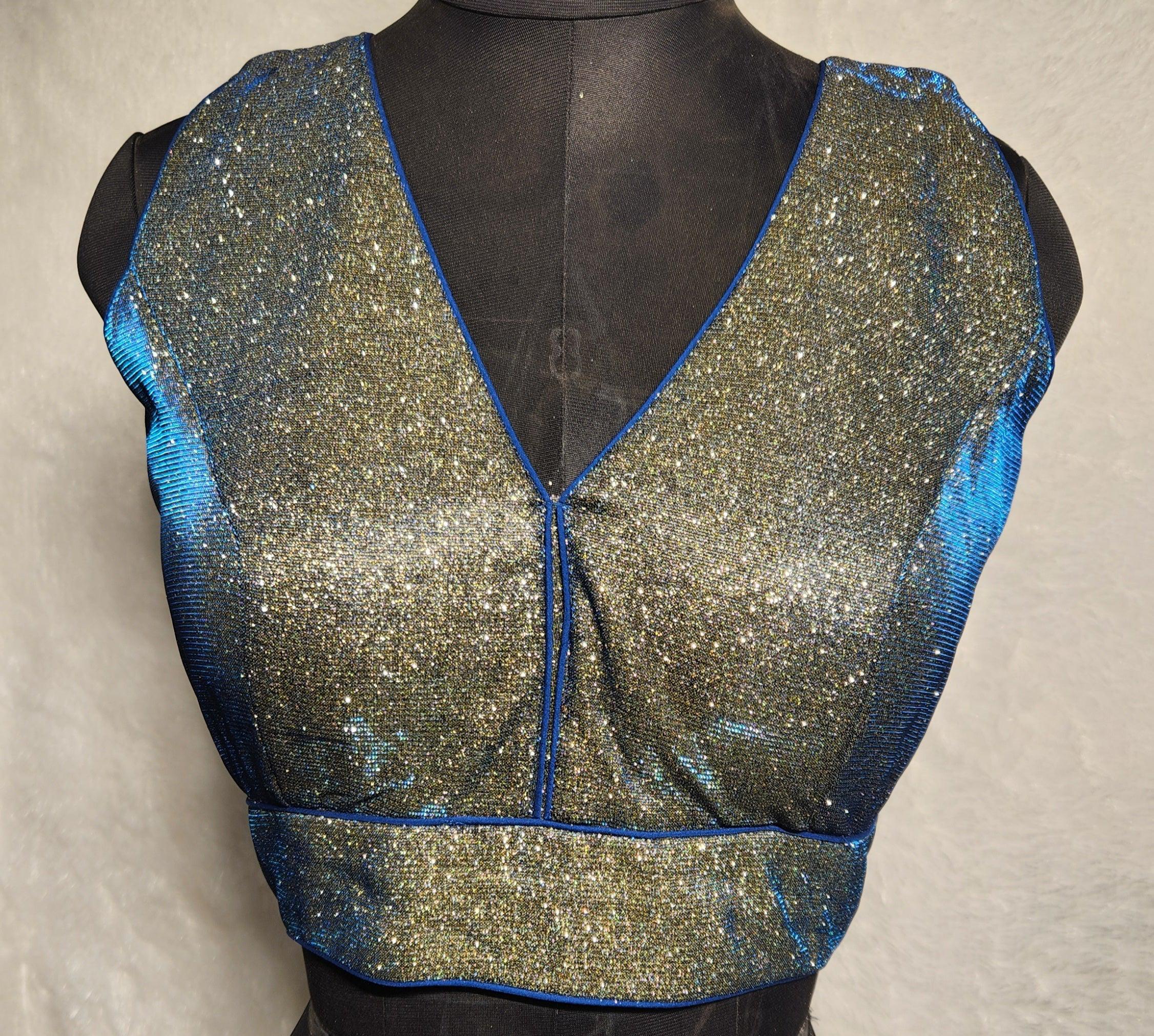 Blue and gold dual tone shimmer fabric readymade blouse with V-neck and back opening