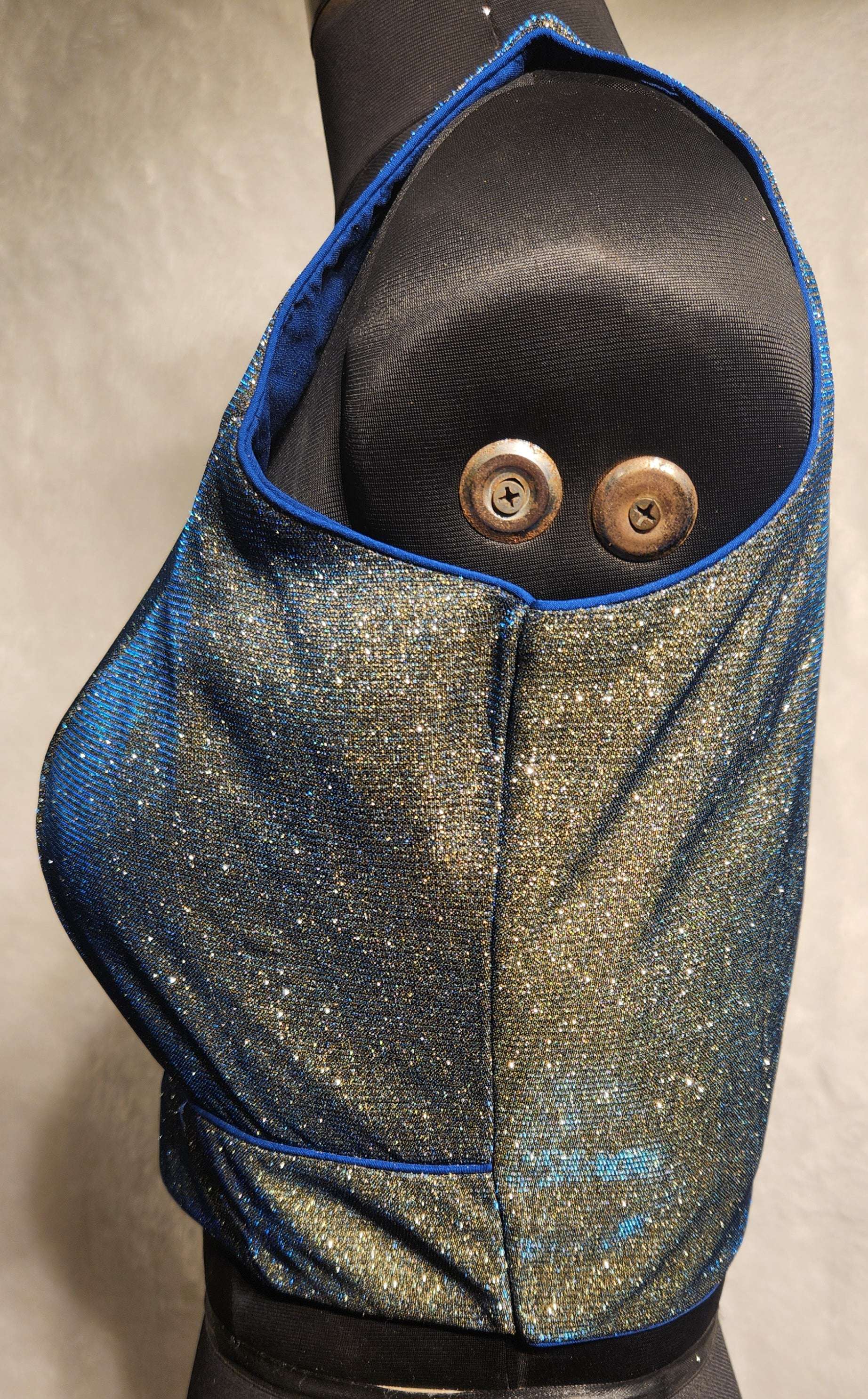 Blue and Gold Dual Tone Glitter V-Neck Readymade Saree Blouse