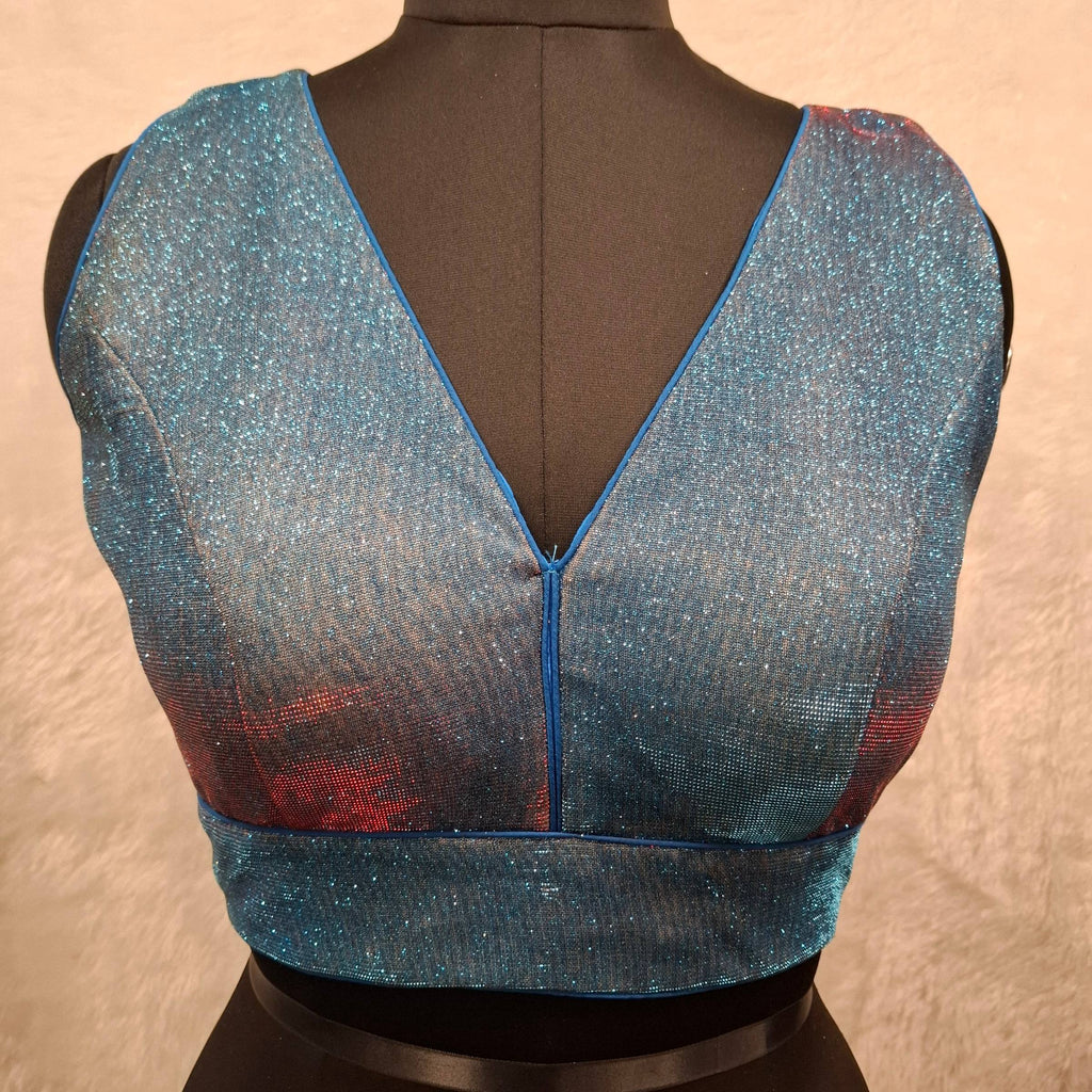 Blue Red Dual Tone Glitter Readymade V-Neck Blouse