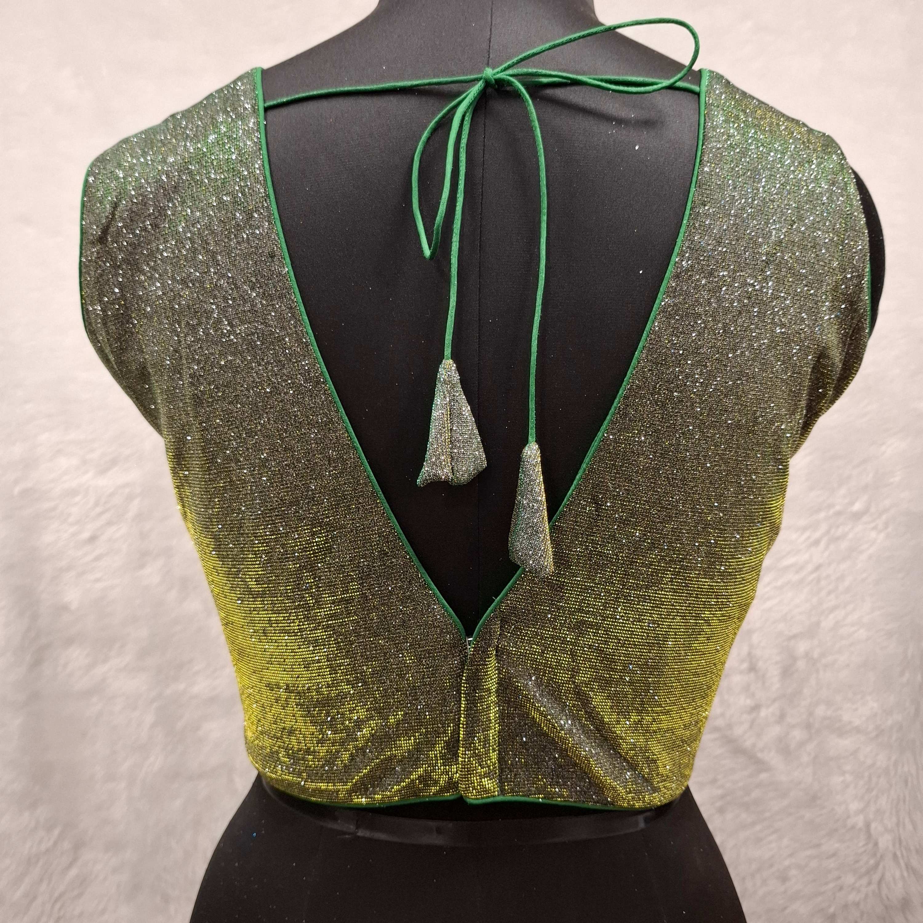 Green Golden Dual Tone Glitter V-Neck Readymade Blouse