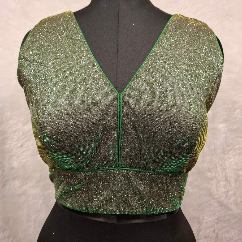 Green Golden Dual Tone Glitter readymade blouse with V-neck and back-open closure