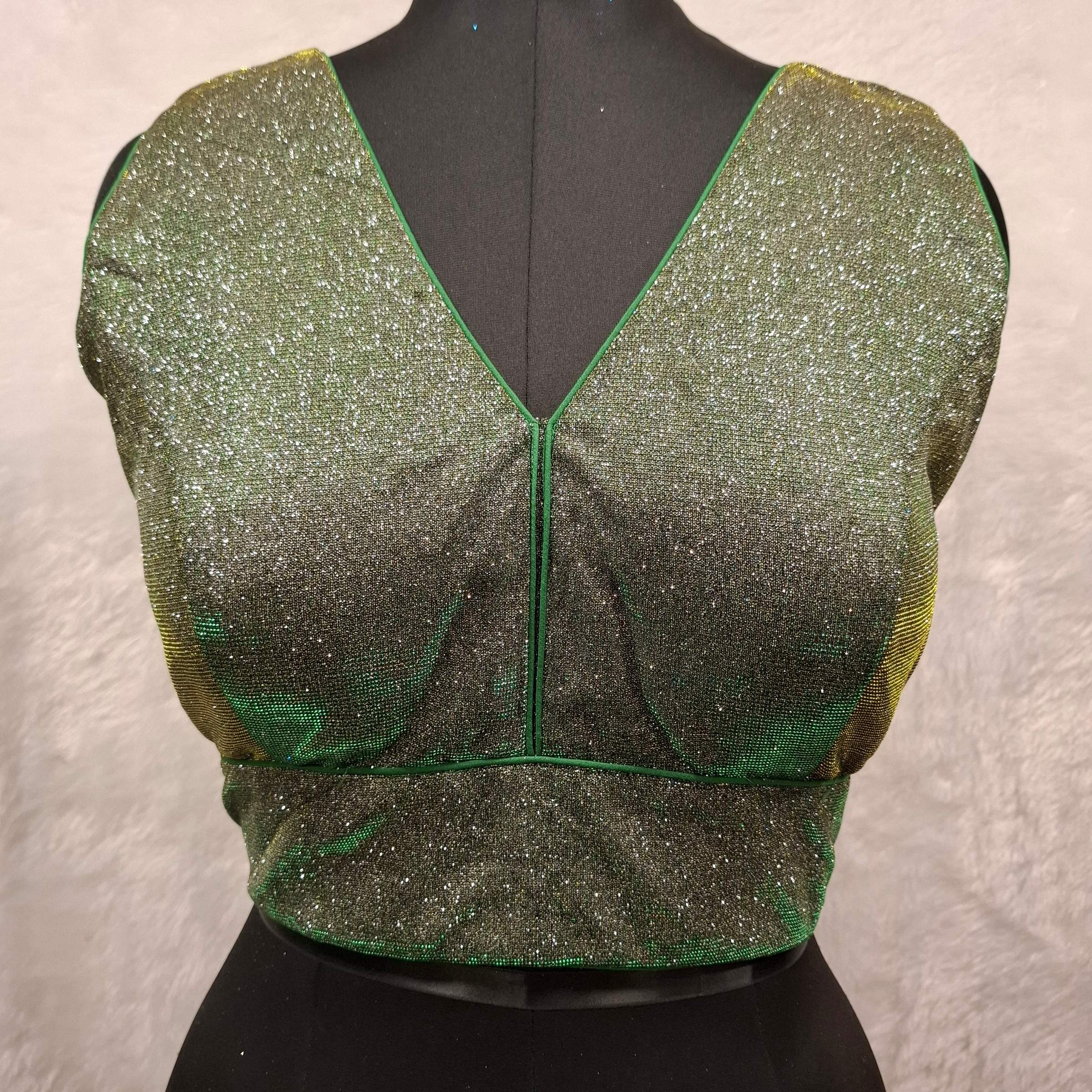 Green Golden Dual Tone Glitter readymade blouse with V-neck and back-open closure